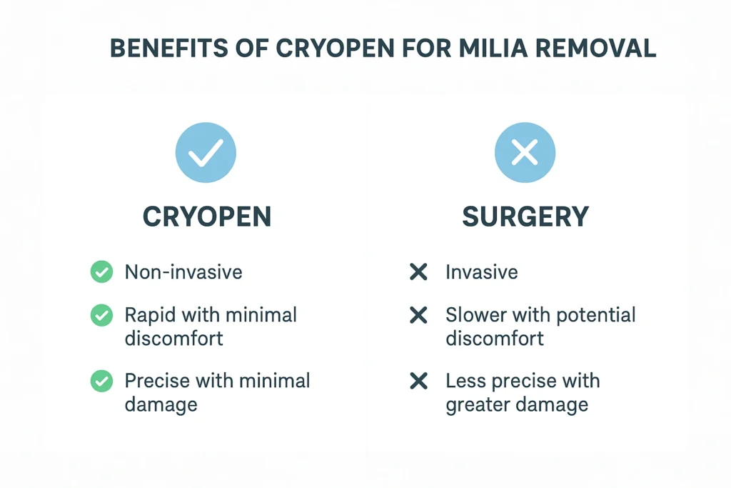 Benefits of cryopen for milia removal Melksham compared to surgical treatments.