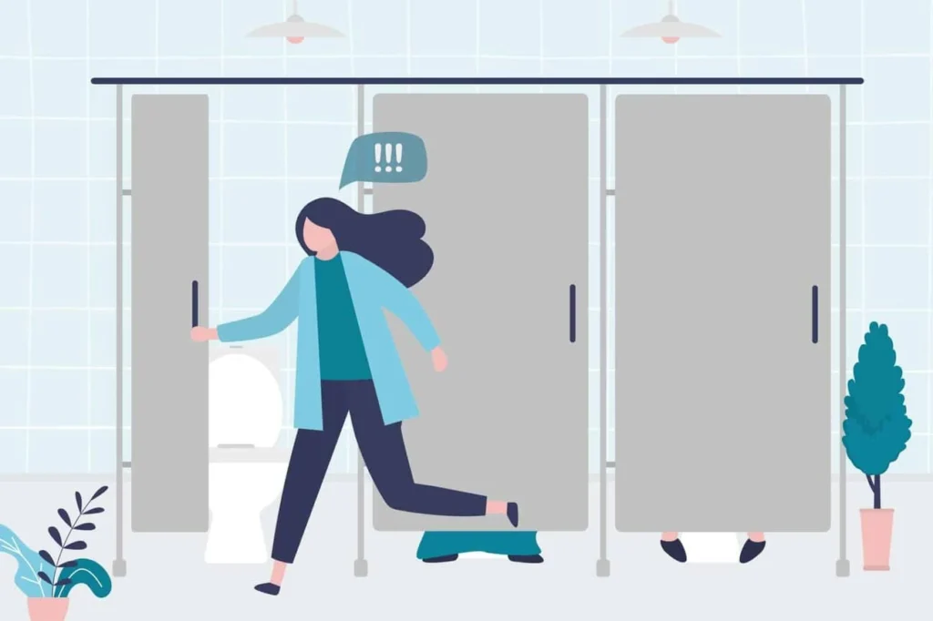 graphic of Urine incontinence Melksham woman running to the toilet.