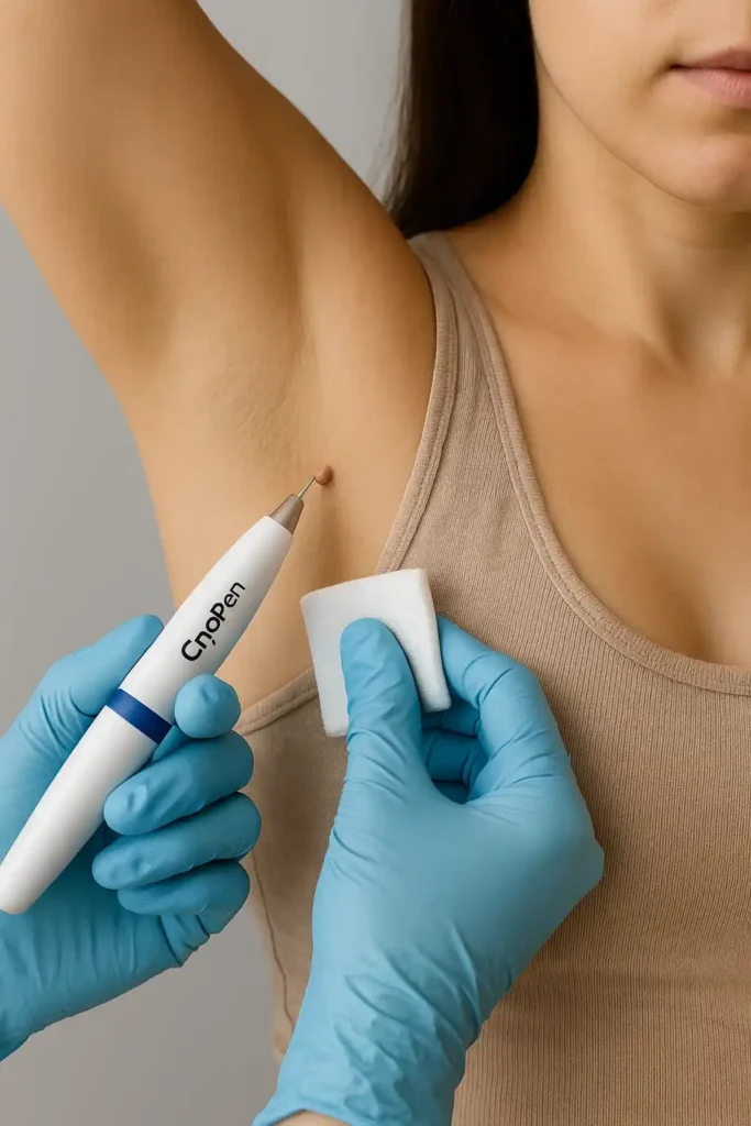 woman having cryopen to remove underarm skin tags Melksham