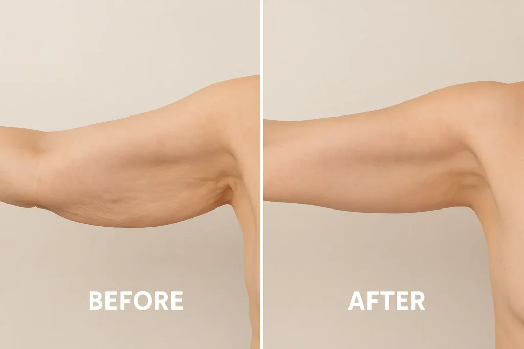 Picture of LA LIPO Melksham before and after results of skin tightening treatment on the upper arms.
