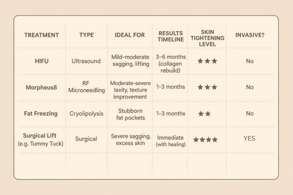 Table showing the comparisons of Skin tightening Melksham treatment options. 